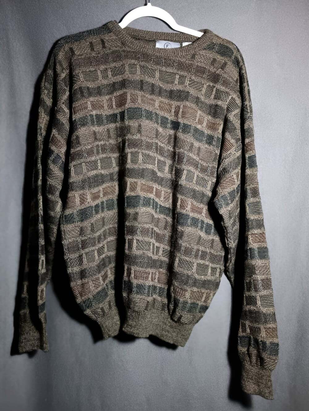 FARAH VTG Streetwear Large Olive Green Striped Ribbed Knit Crewneck Sweater